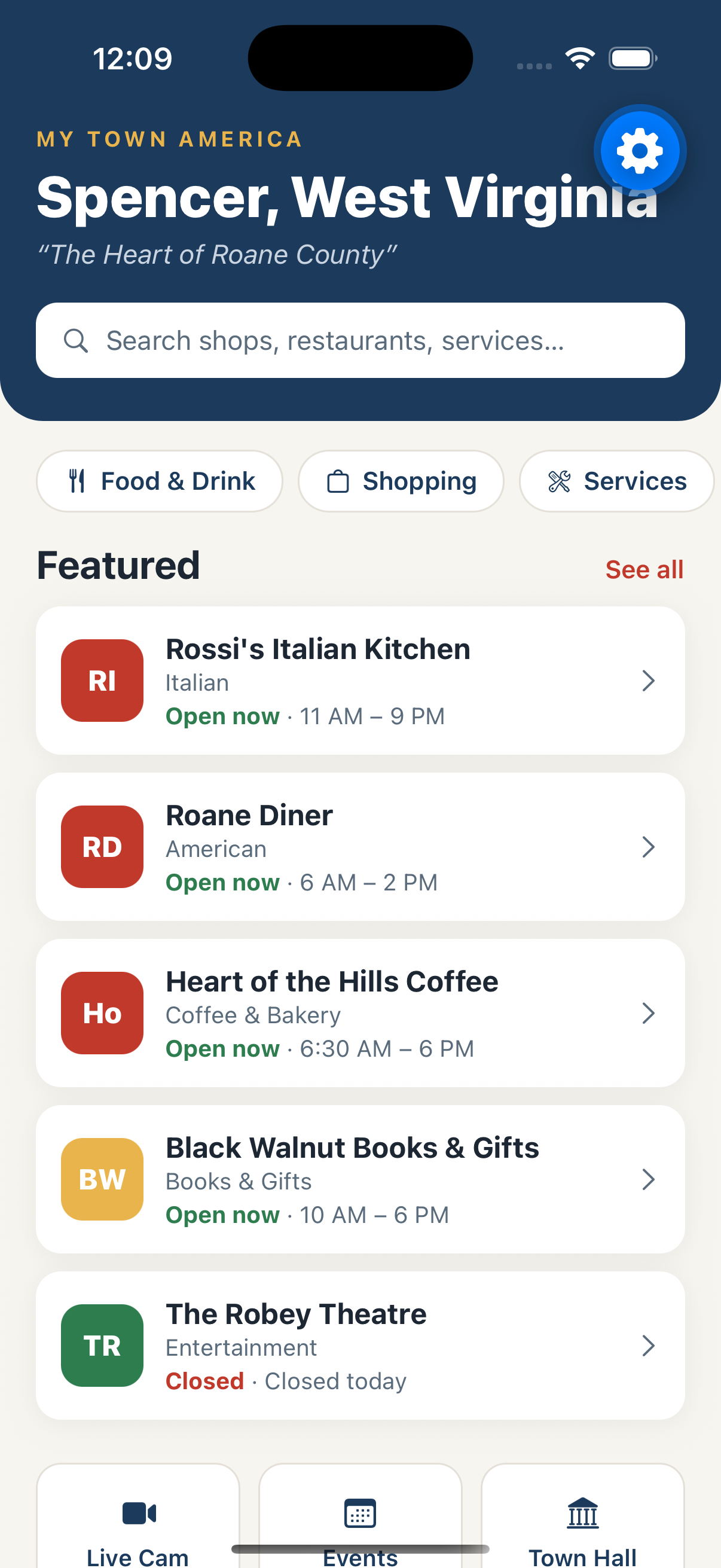 My Town America app showing the Spencer, West Virginia town home screen