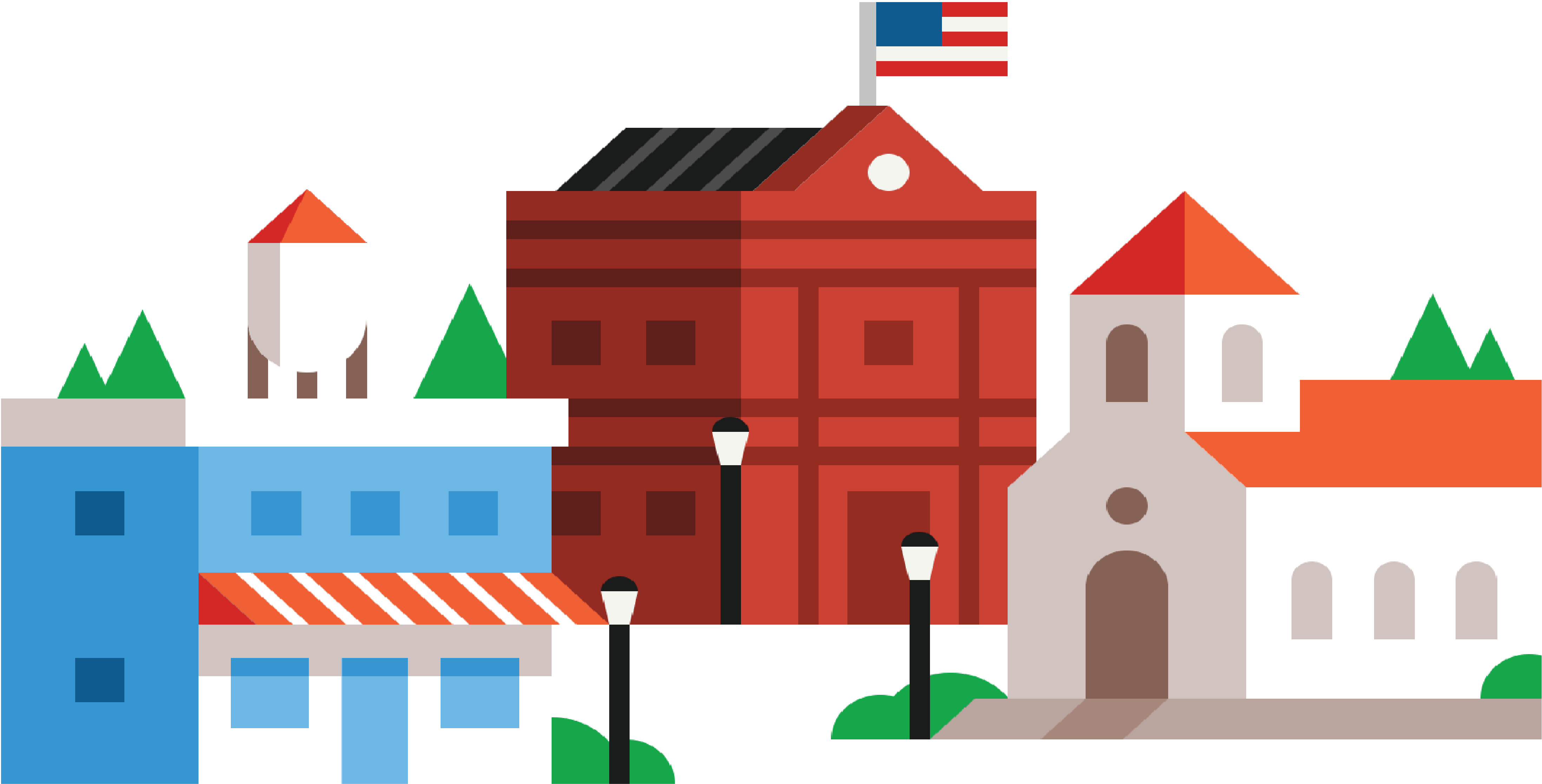 Illustration of a small American town square with a courthouse, church, and local shops